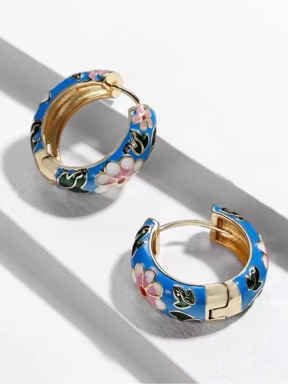 Blue Floral Enamel Hoop Earrings